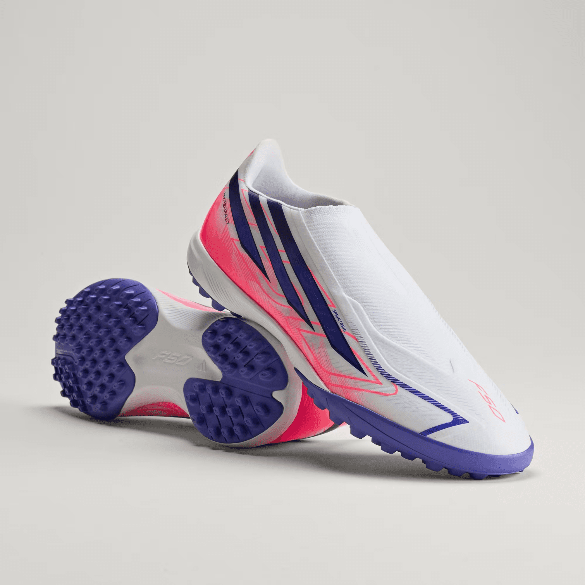 adidas F50 Hyperfast League Laceless TF - Cloud White / Solar Purple / Solar Turbo